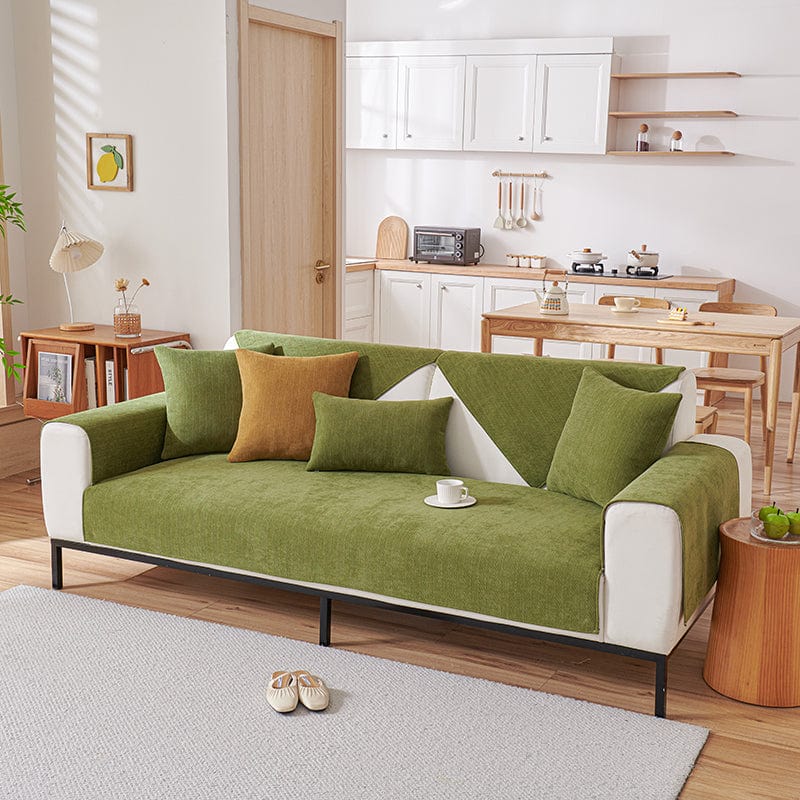 Housse de canapé EasyCover chenille, Olive, posée sur un canapé — vue 2