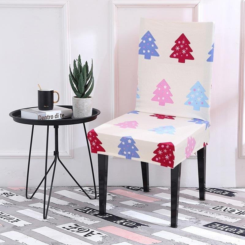 Housse de chaise extensible de Noël, Blanc sapins colorés