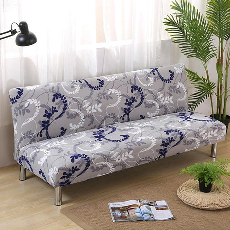 Housse de clic-clac extensible, Gris arabesques bleues, posée sur un clic-clac
