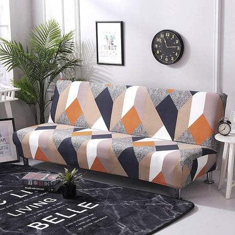 Housse de clic-clac extensible, Patchwork orange et marine, posée sur un clic-clac