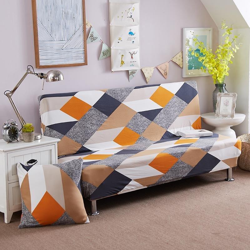 Housse de clic-clac extensible, Patchwork orange et marine, posée sur un clic-clac — vue 2