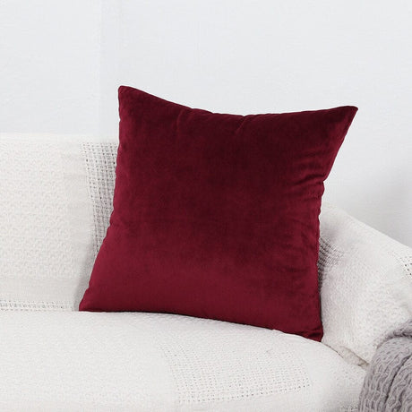 Housses de coussin en velours 45×45, lot de 2, Carmin, posée sur un canapé