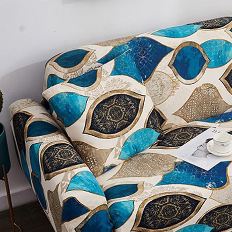 Housses de coussin extensibles 45×45, lot de 2, Écru ovales bleus, posée sur un canapé