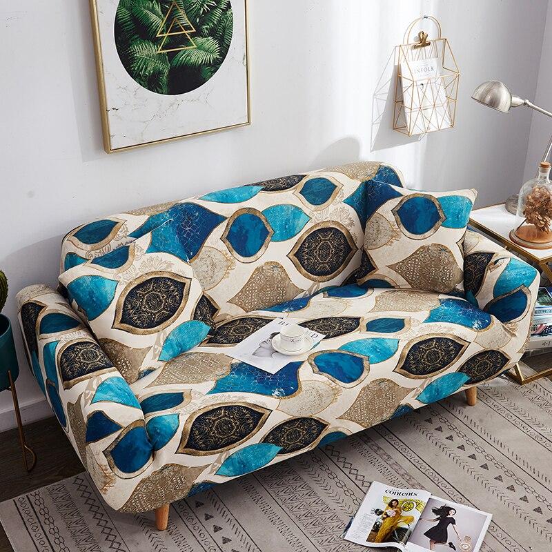 Housses de coussin extensibles 45×45, lot de 2, Écru ovales bleus, posée sur un canapé — vue 2
