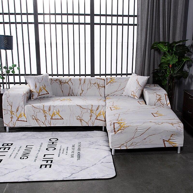 Housses de coussin extensibles 45×45, lot de 2, Blanc marbré or, posée sur un canapé — vue 2