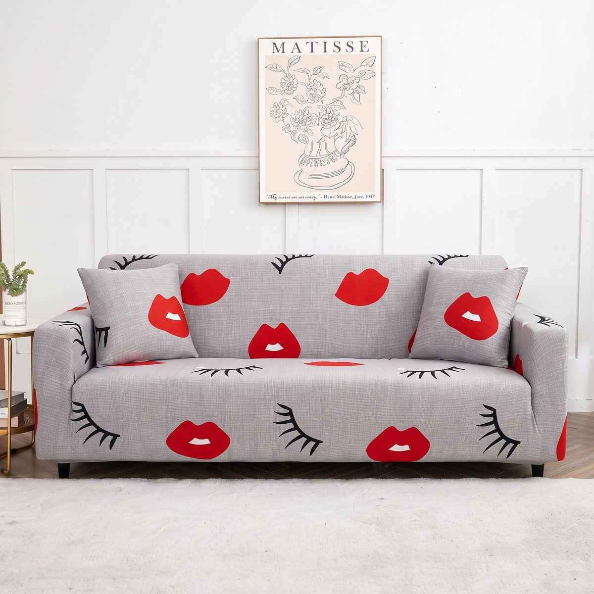 Housse de canapé extensible Gris bouches rouges