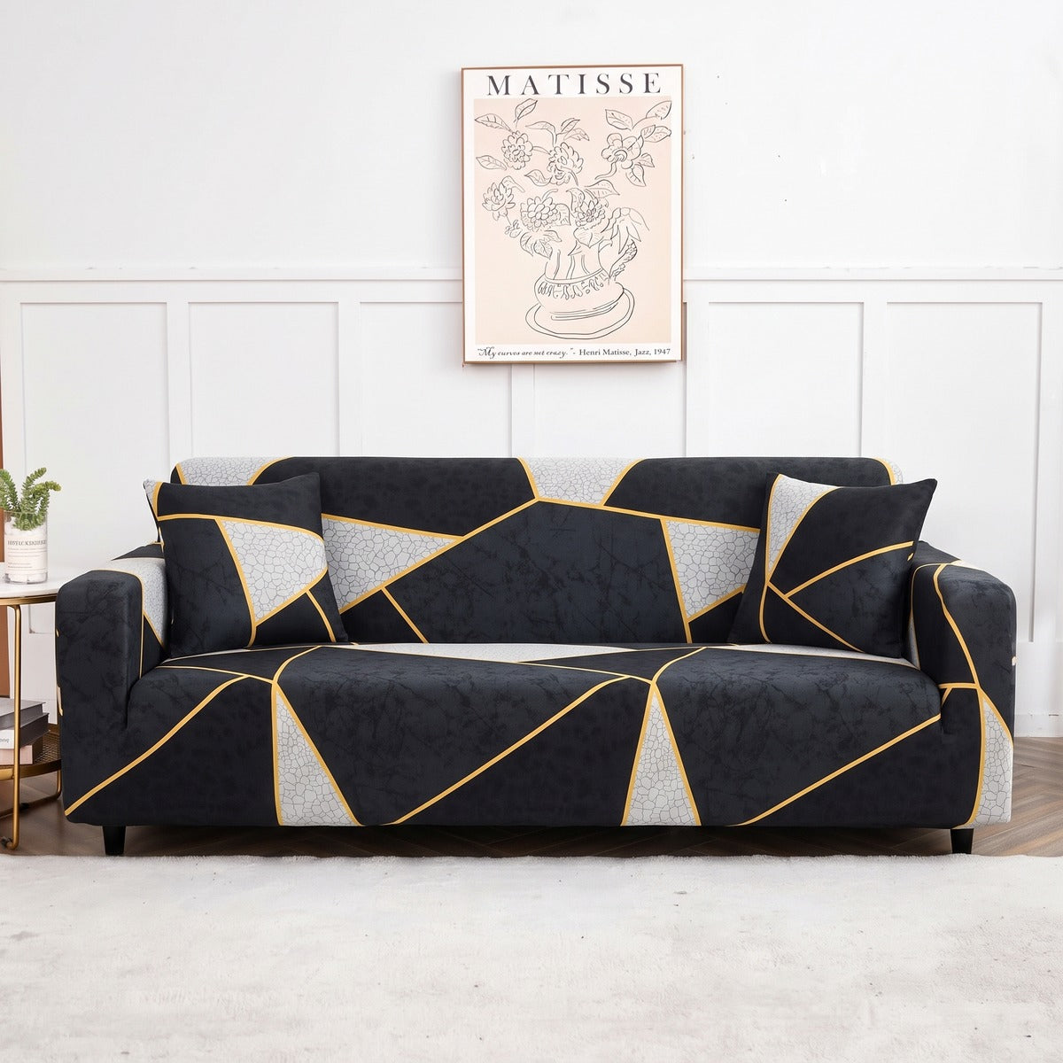 Housse de canapé extensible Anthracite lignes dorées