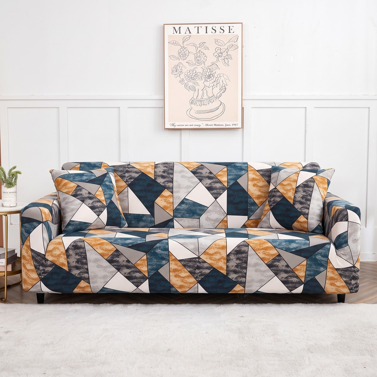 Housse de canapé extensible Géométrique ocre et bleu
