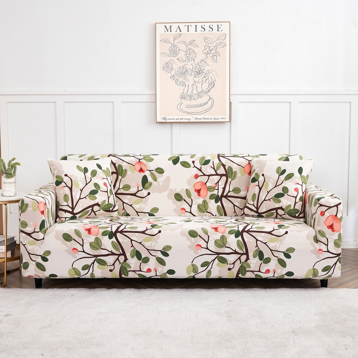 Housse de canapé extensible Écru fleuri rose