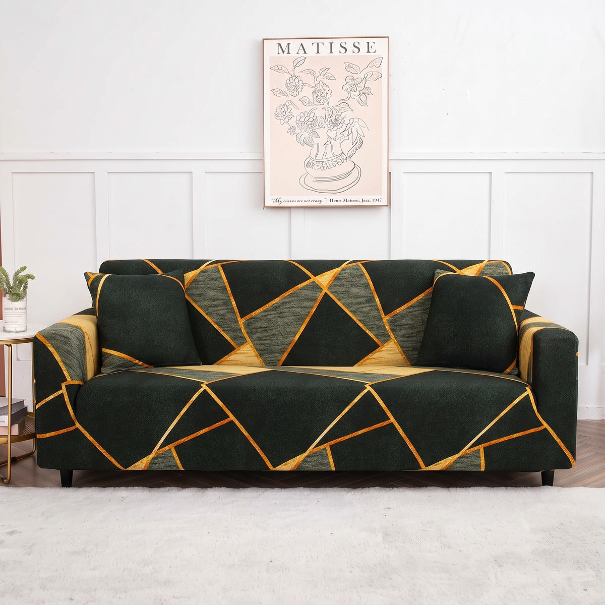Housse de canapé extensible Vert lignes dorées