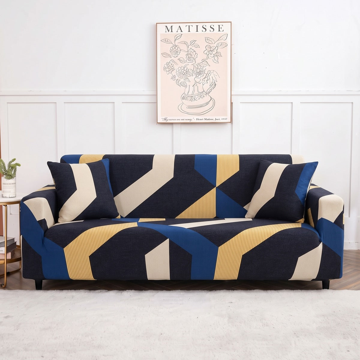 Housse de canapé extensible Géométrique bleu et sable