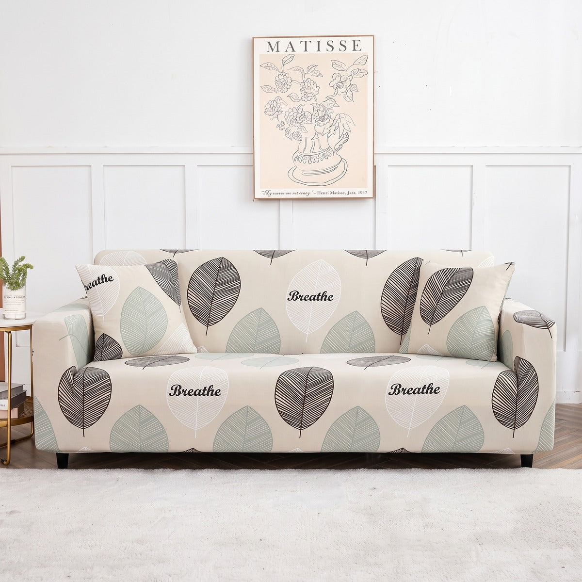 Housse de canapé extensible Écru feuillage gris