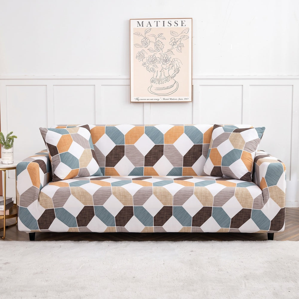 Housse de canapé extensible Géométrique terracotta et bleu