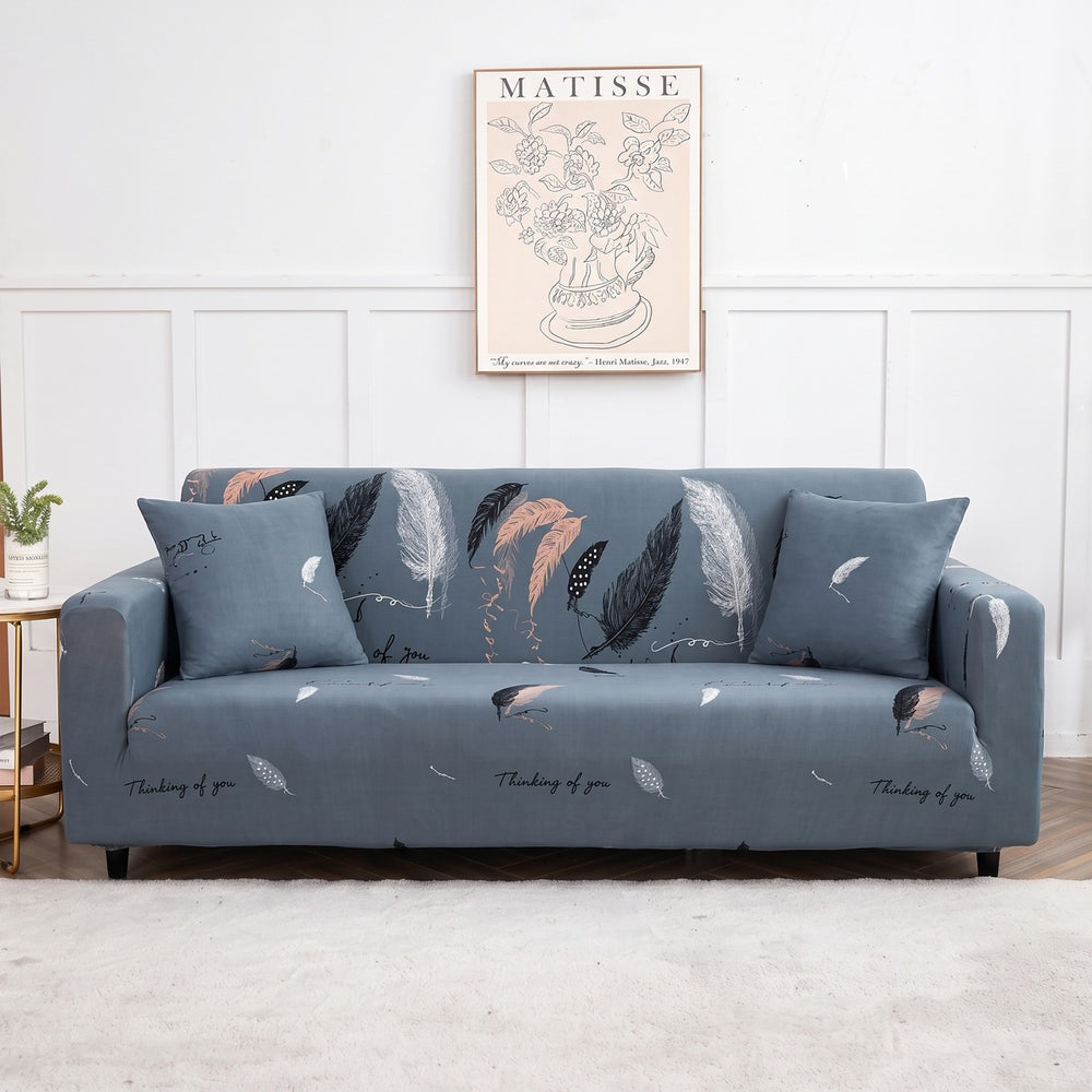 Housse de canapé extensible Bleu gris plumes