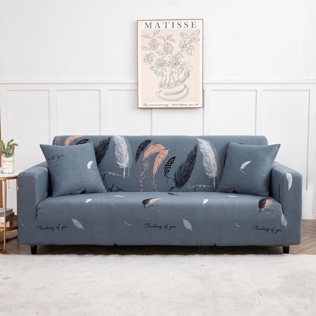 Housse de canapé extensible Bleu gris plumes