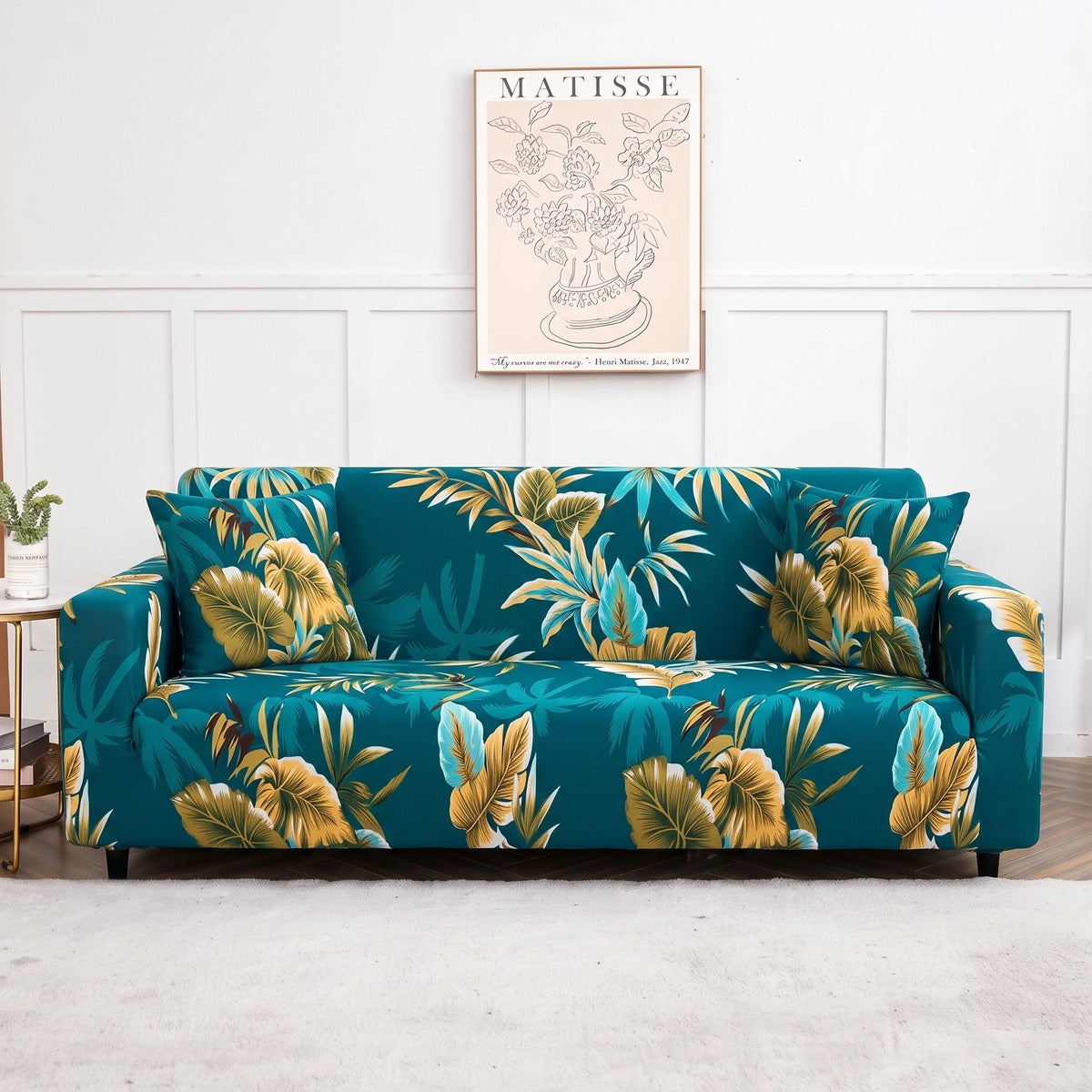 Housse de canapé extensible Bleu canard feuillage doré