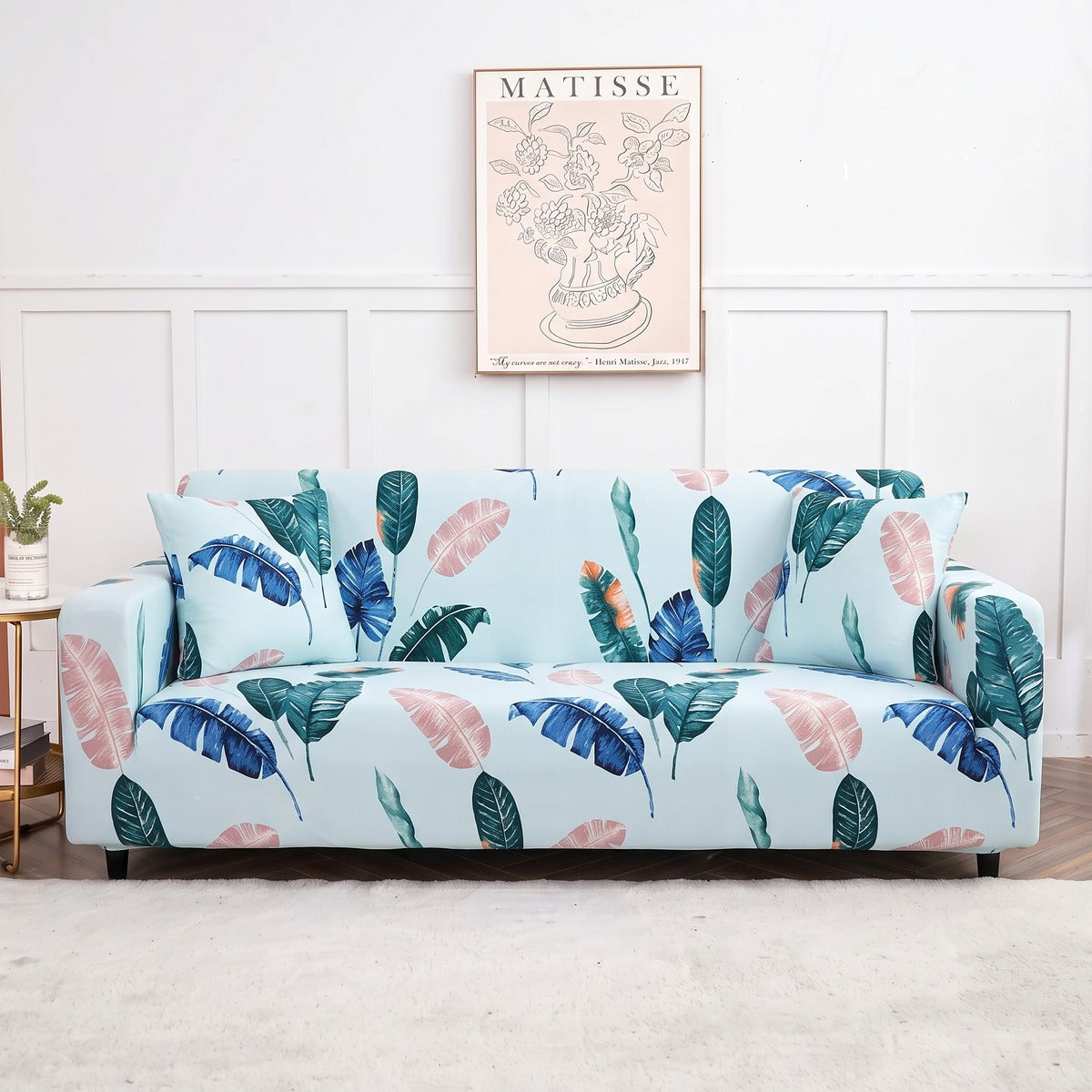Housse de canapé extensible Bleu ciel feuilles