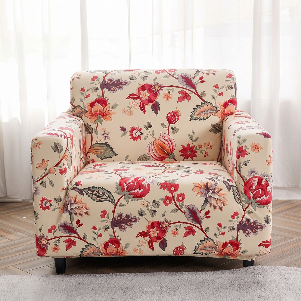 Housse de fauteuil extensible Écru fleuri rouge