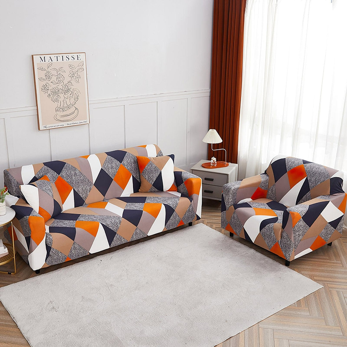 Housse de fauteuil extensible Patchwork orange et marine — vue 3