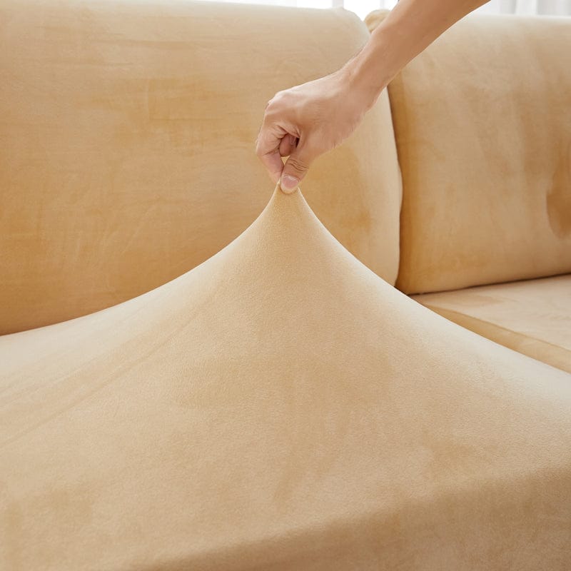 Housse de coussin de canapé en velours, Miel, posée sur les coussins d'assise et de dossier d'un canapé — vue 7