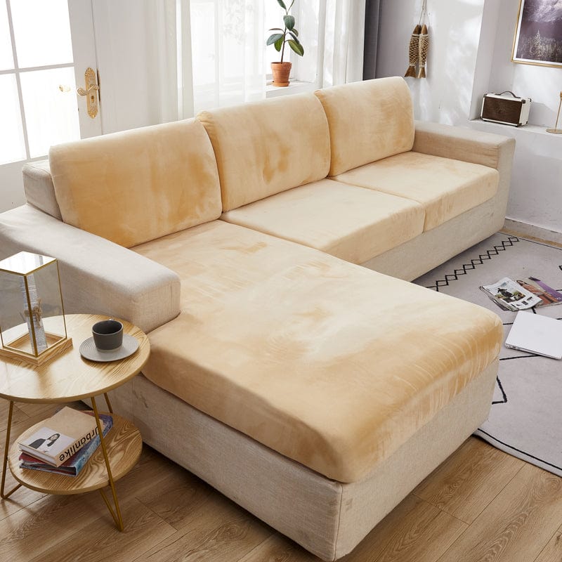 Housse de coussin de canapé en velours, Miel, posée sur les coussins d'assise et de dossier d'un canapé — vue 2