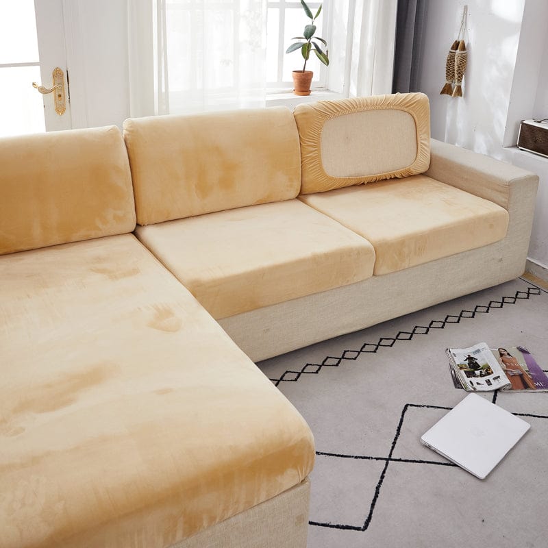 Housse de coussin de canapé en velours, Miel, posée sur les coussins d'assise et de dossier d'un canapé — vue 3