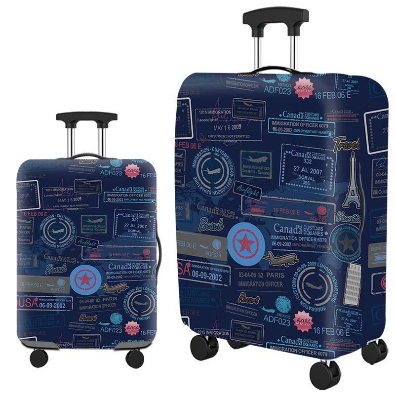 Housse de valise, motif tampons de passeport sur bleu marine