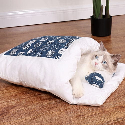 Lit douillet semi-fermé pour chat, coloris Bleu marine chats blancs