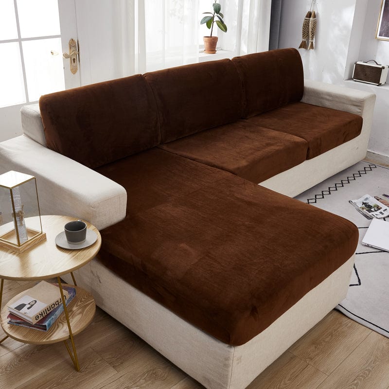 Housse de coussin de canapé en velours, Cacao, posée sur les coussins d'assise et de dossier d'un canapé — vue 2