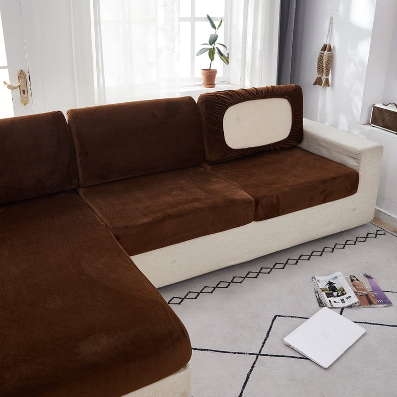 Housse de coussin de canapé en velours, Cacao, posée sur les coussins d'assise et de dossier d'un canapé — vue 3