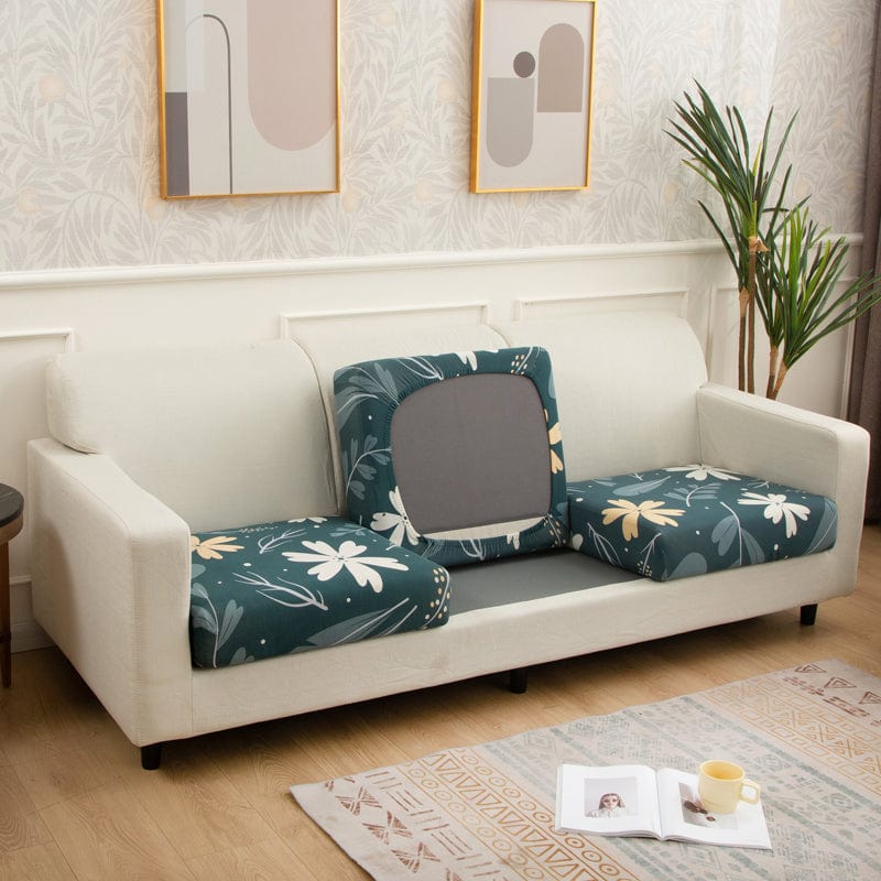 Housse de coussin de canapé extensible, Bleu canard marguerites, posée sur les coussins d'assise et de dossier d'un canapé — vue 2