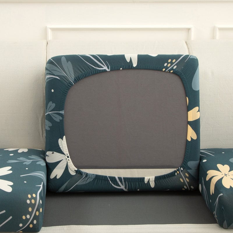 Housse de coussin de canapé extensible, Bleu canard marguerites, posée sur les coussins d'assise et de dossier d'un canapé — vue 3