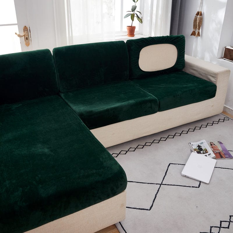 Housse de coussin de canapé en velours, Vert bouteille, posée sur les coussins d'assise et de dossier d'un canapé — vue 3