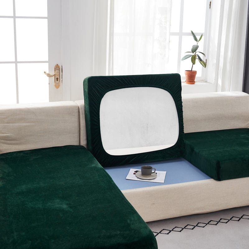 Housse de coussin de canapé en velours, Vert bouteille, posée sur les coussins d'assise et de dossier d'un canapé — vue 5
