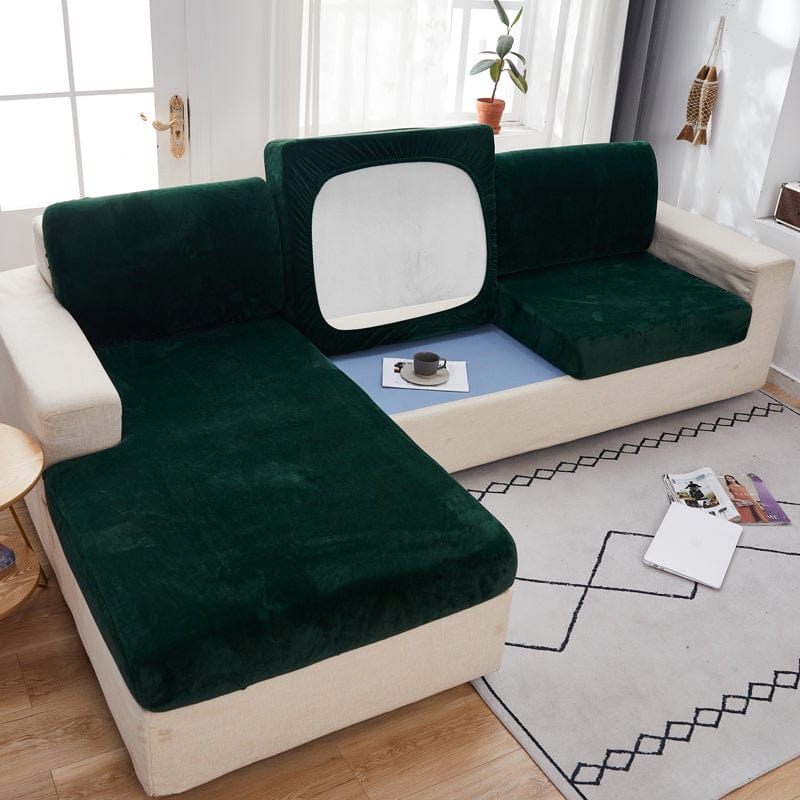 Housse de coussin de canapé en velours, Vert bouteille, posée sur les coussins d'assise et de dossier d'un canapé — vue 4