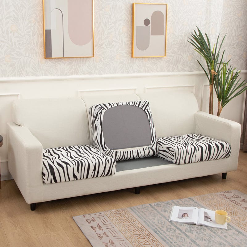 Housse de coussin de canapé extensible, Blanc zébrures noires, posée sur les coussins d'assise et de dossier d'un canapé — vue 2