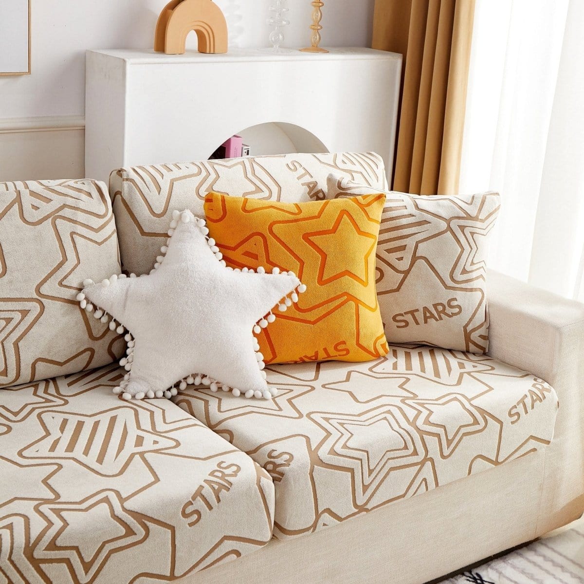 Beige - Housse polaire pour Coussin d'assise et dossier de Canapé - Motif Star La Maison des Housses