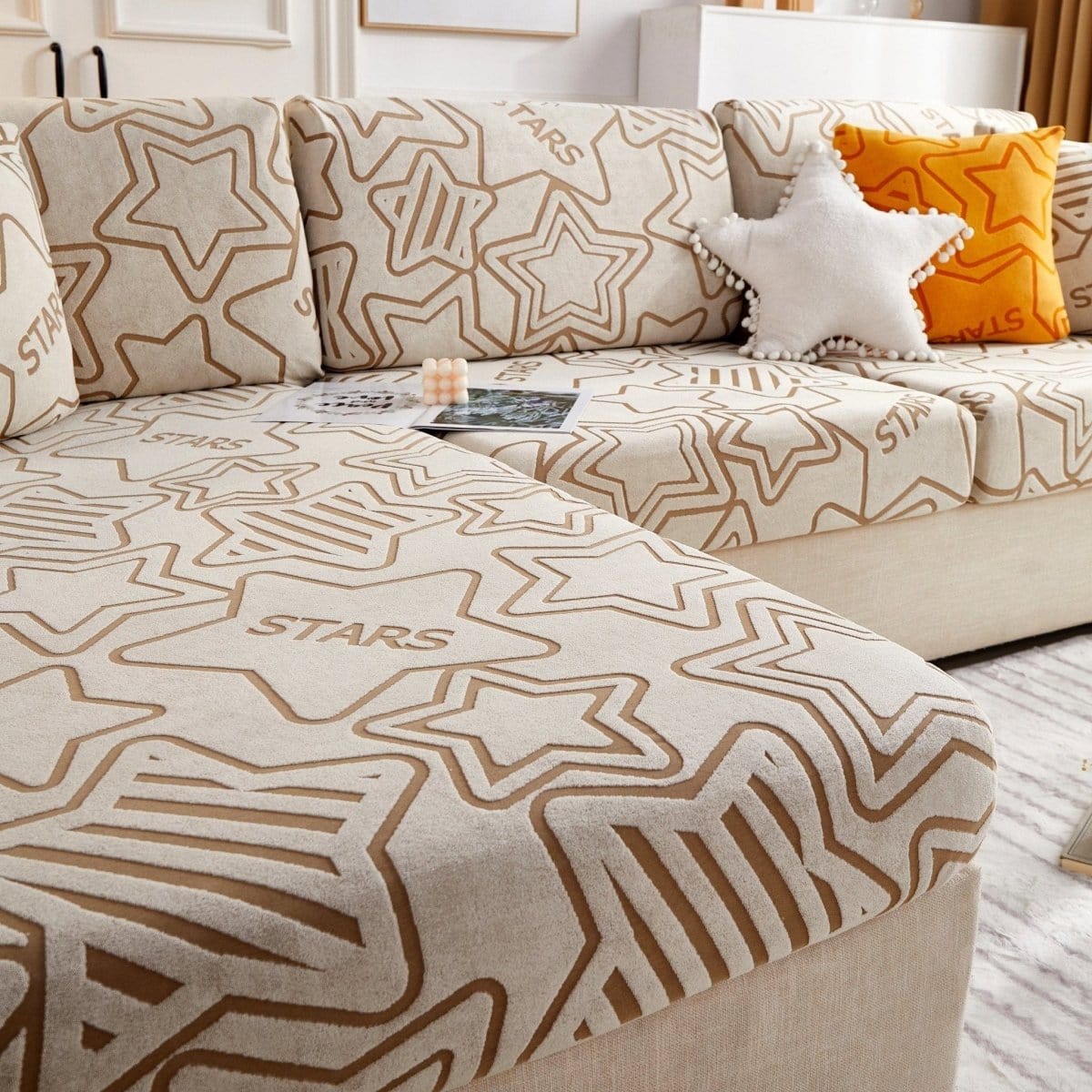 Beige - Housse polaire pour Coussin d'assise et dossier de Canapé - Motif Star La Maison des Housses