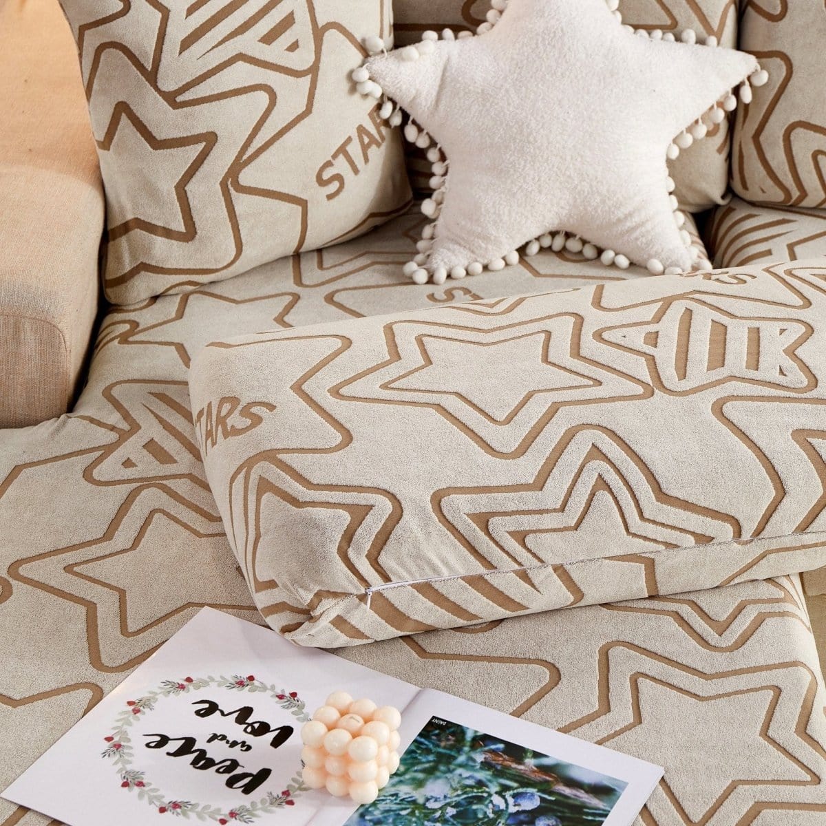 Beige - Housse polaire pour Coussin d'assise et dossier de Canapé - Motif Star La Maison des Housses