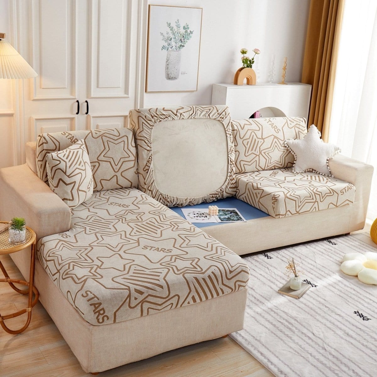 Beige - Housse polaire pour Coussin d'assise et dossier de Canapé - Motif Star La Maison des Housses