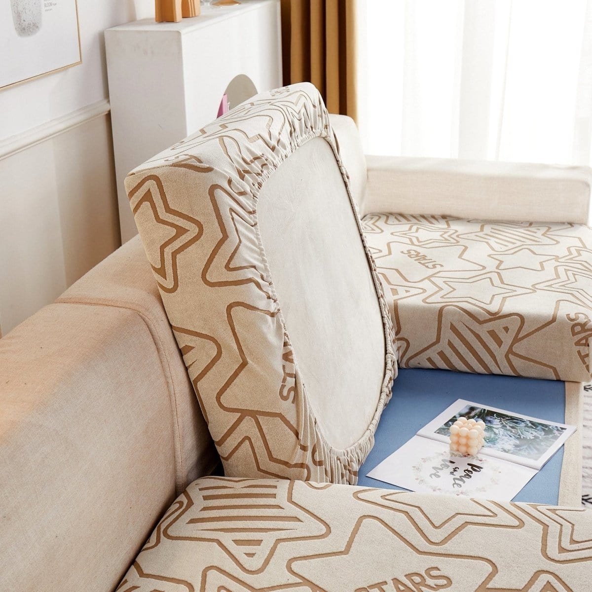 Beige - Housse polaire pour Coussin d'assise et dossier de Canapé - Motif Star La Maison des Housses