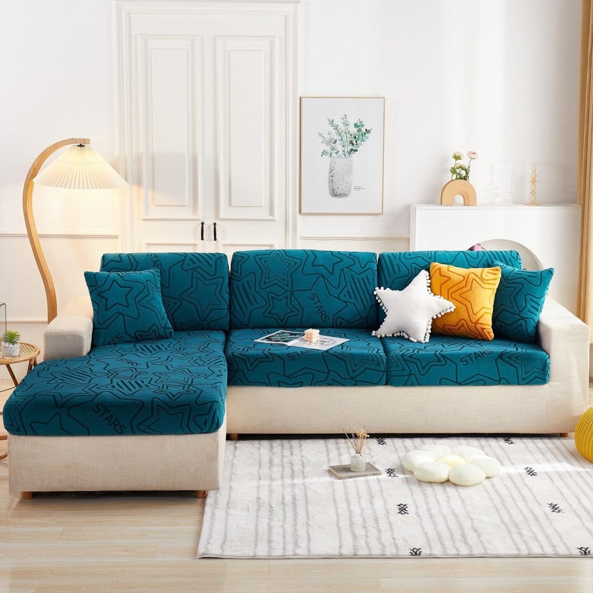 Bleu charron - Housse polaire pour Coussin d'assise et dossier de Canapé - Motif Star La Maison des Housses