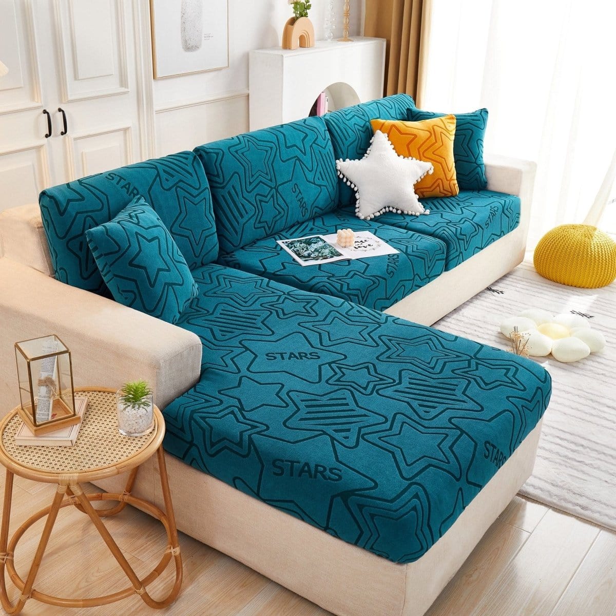 Bleu charron - Housse polaire pour Coussin d'assise et dossier de Canapé - Motif Star La Maison des Housses