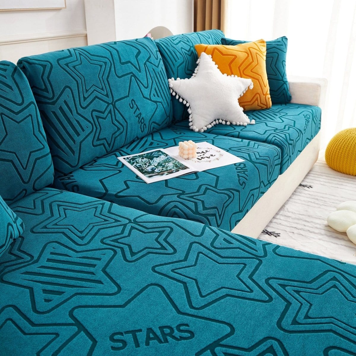 Bleu charron - Housse polaire pour Coussin d'assise et dossier de Canapé - Motif Star La Maison des Housses