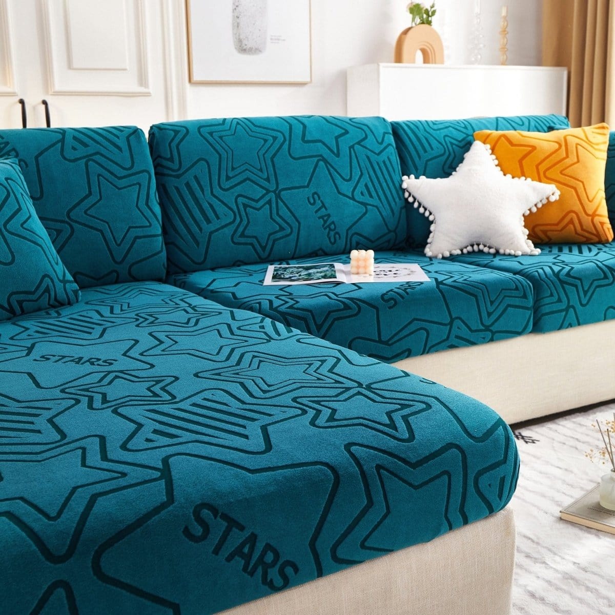 Bleu charron - Housse polaire pour Coussin d'assise et dossier de Canapé - Motif Star La Maison des Housses