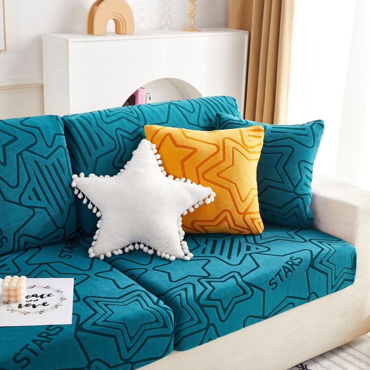 Bleu charron - Housse polaire pour Coussin d'assise et dossier de Canapé - Motif Star La Maison des Housses