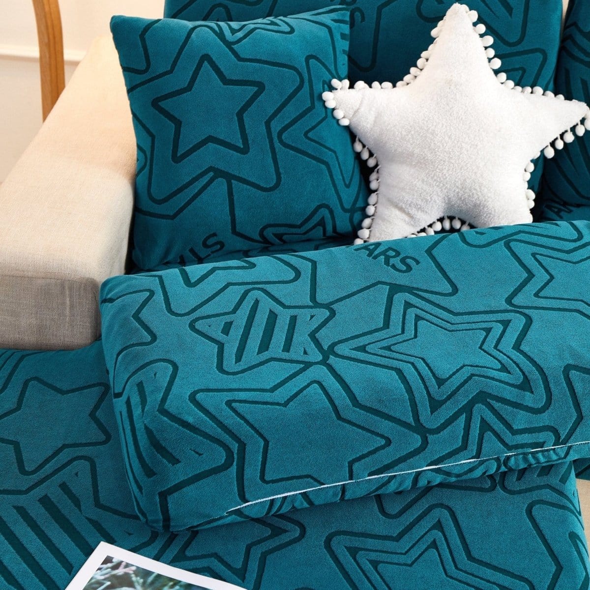 Bleu charron - Housse polaire pour Coussin d'assise et dossier de Canapé - Motif Star La Maison des Housses