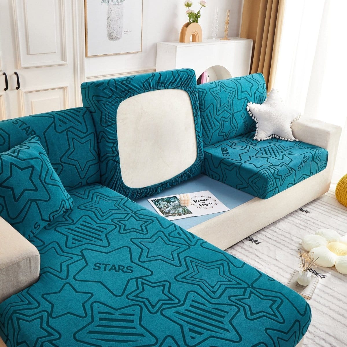 Bleu charron - Housse polaire pour Coussin d'assise et dossier de Canapé - Motif Star La Maison des Housses