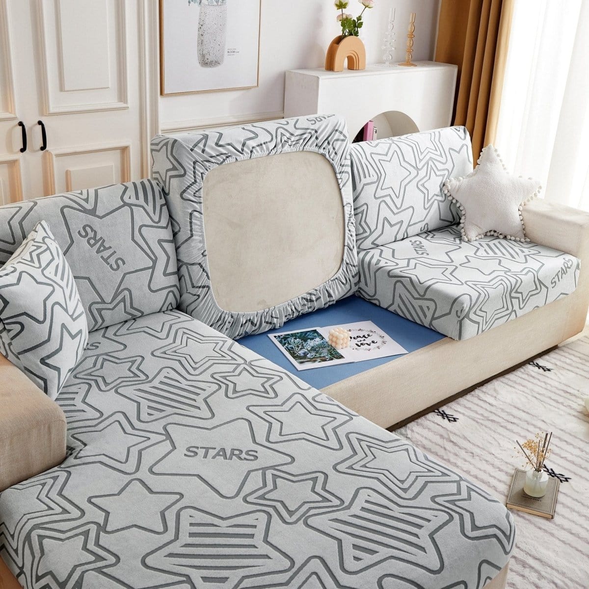 Bleu claire - Housse polaire pour Coussin d'assise et dossier de Canapé - Motif Star La Maison des Housses