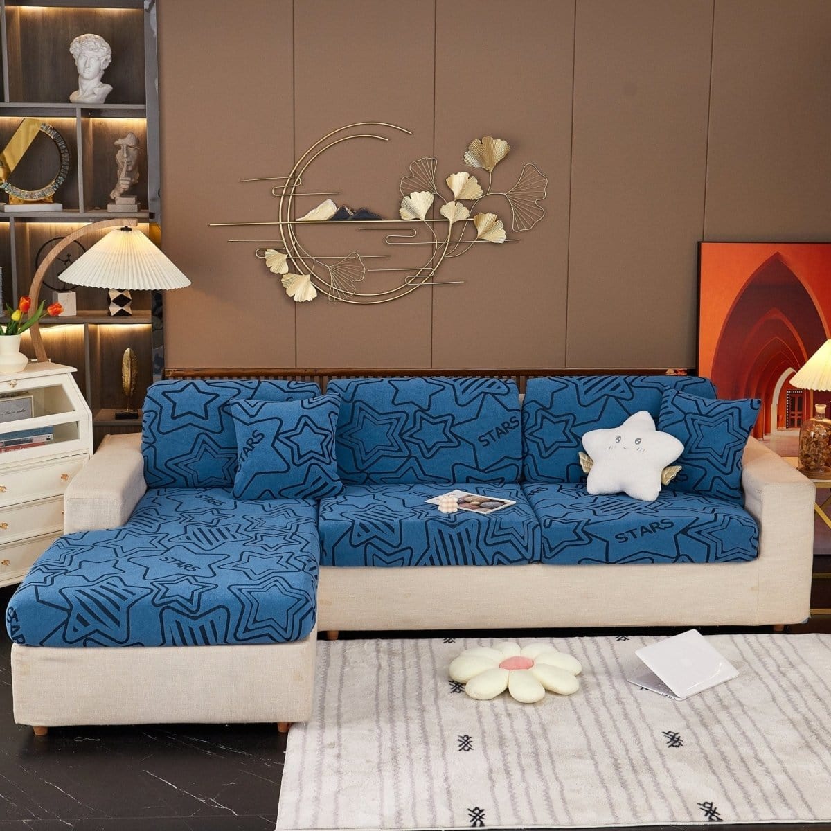 Bleu - Housse polaire pour Coussin d'assise et dossier de Canapé - Motif Star La Maison des Housses
